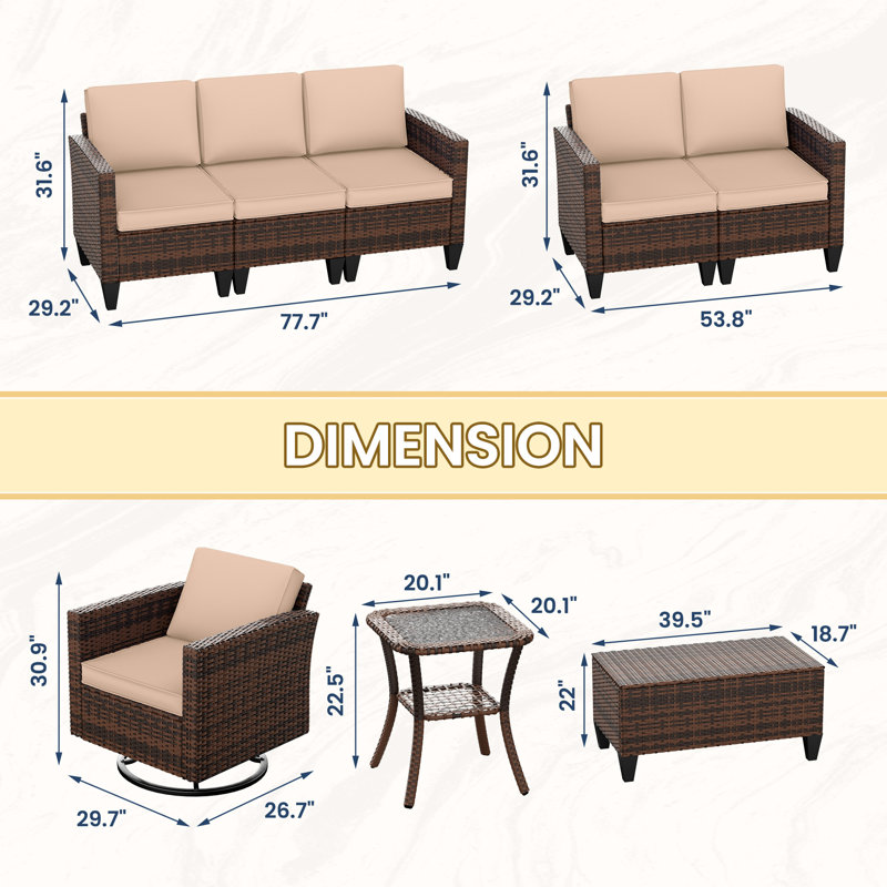  6 Piece Outdoor Wicker Sofa With Swivel Rocking Chairs, Beige