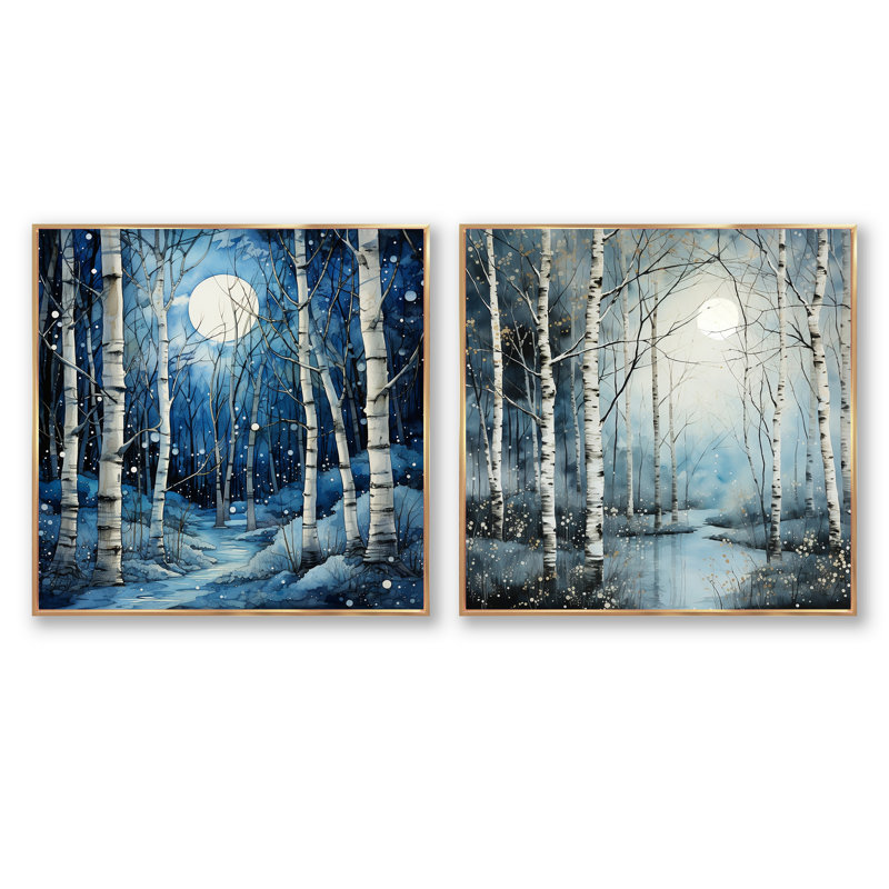 Birch Woods Gilded Pathway I - ensemble de 2 boules carrées, Cadre flottant doré, H 36 po x l 73 po