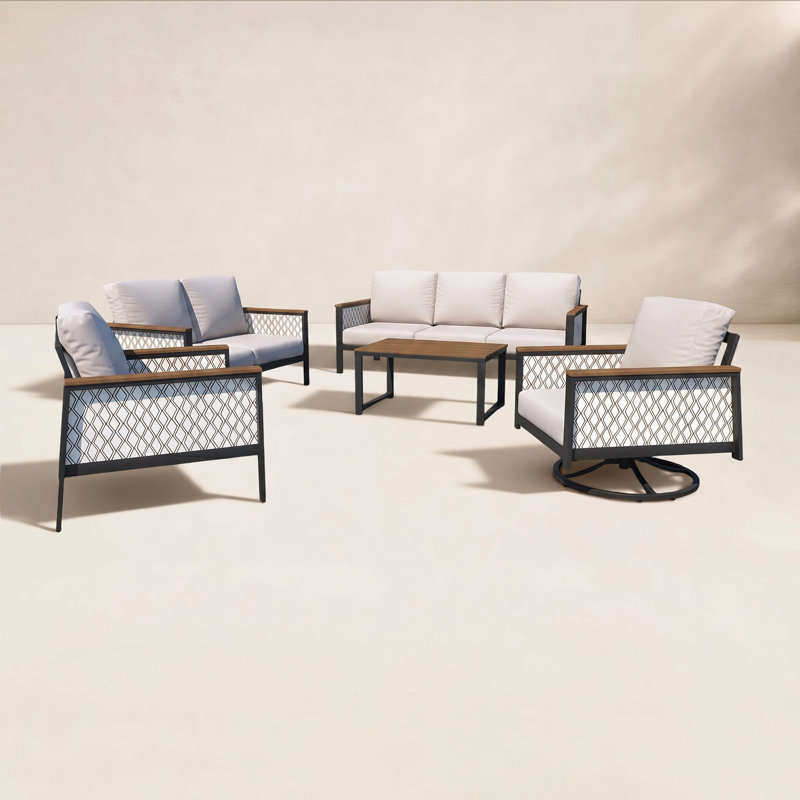 Townsend 7 - Person Outdoor Seating Group with Sunbrella Cushions, Canvas White/Voyage Dune Fabric