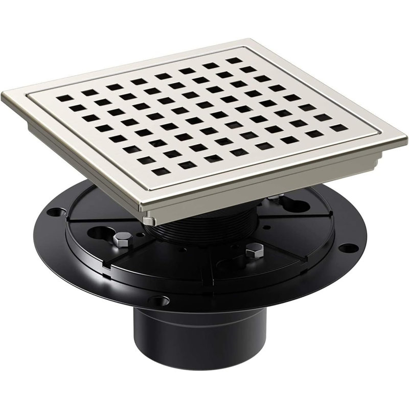 6 Inch Square Shower Drain, Stainless Steel Kitchen Garage Bathroom Floor Drain With Flange, Brushed Nickel