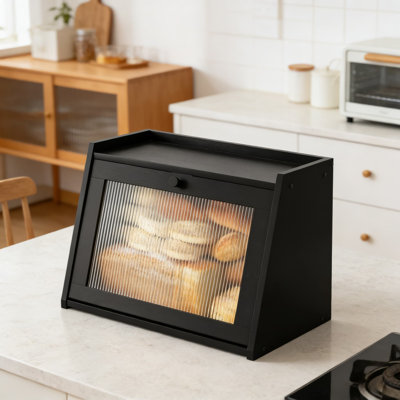 Large Bamboo Bread Box For Kitchen Counter With Wavy Acrylic Door, Farmhouse Style Bread Storage Container With Flat Top And Non-Slip Base