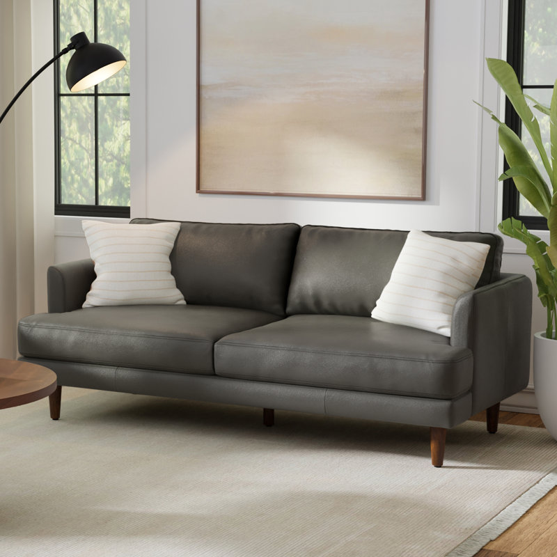 Canapé-causeuse Mid-Century moderne en cuir véritable avec cadre en bois massif Livingston, L 76 po, Noir