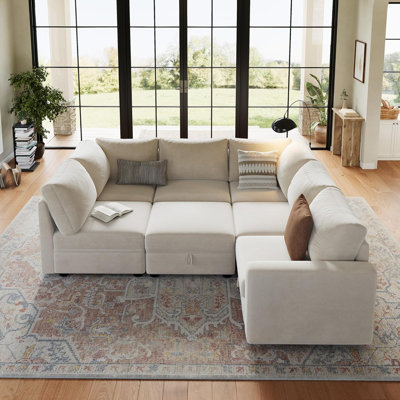 Beige 7-Seater Cloud Sectional Sofa, L-Shape Modular Couch with Ottoman, Chenille Fabric & Storage for Living Room