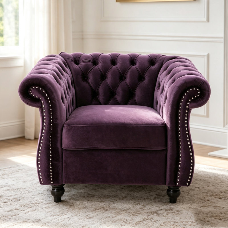 Fauteuil club classique en velours avec pieds en bois de bouleau