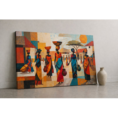 Large Colorful Cultural Women Canvas Wall Art, Abstract Village Life Painting, Vibrant Ethnic Decor for Living Room Bedroom Office 24x36 Inch Canvas Print - Ready to hang