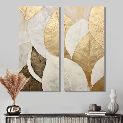 Gold Minimalism Leaves Collage - Leaves Canvas Art, Gold Floral Wall Art Set Of 2