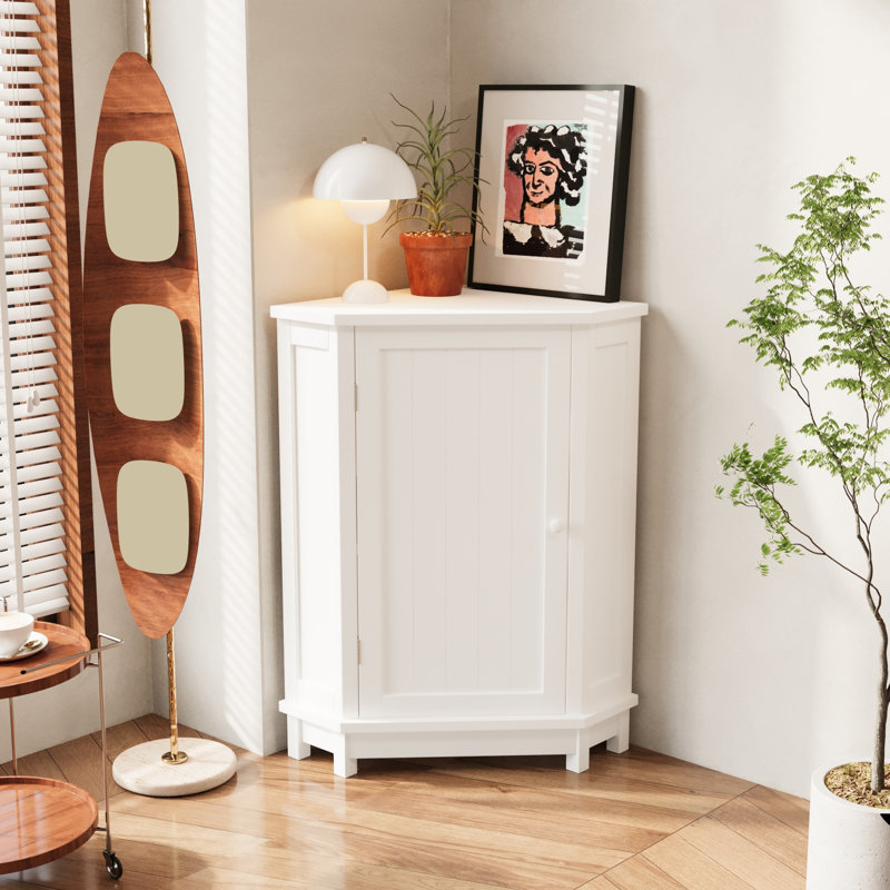 Modern Triangle Corner Storage Cabinet With Adjustable Shelves, White