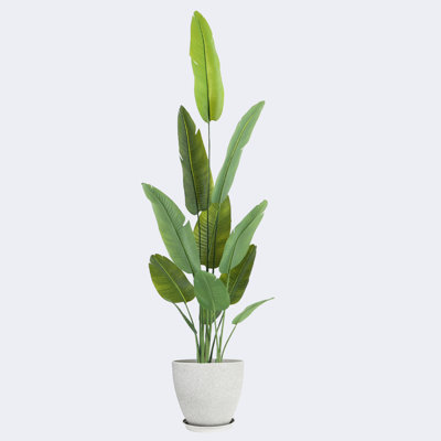 Artificial Banana Leaf Tree Potted Plant & Resin Round Plant Pots with Tray