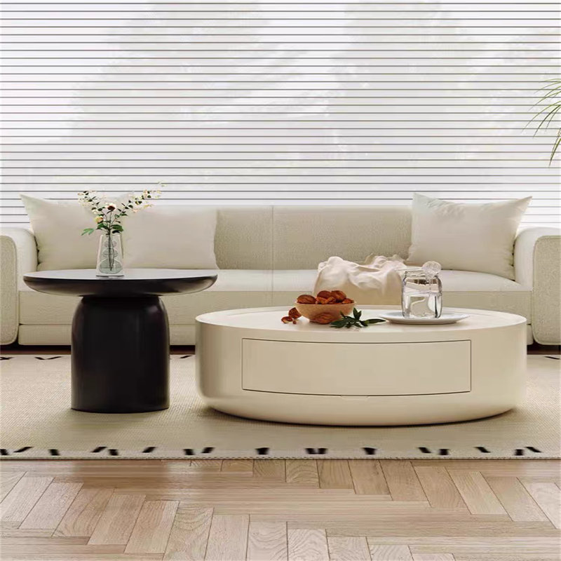 Cream Nesting Coffee Table Set - 2-Tier Round Side Tables for Small Space, Modern Two-Tone Minimalist End Table Set for Living Room or Bedroom