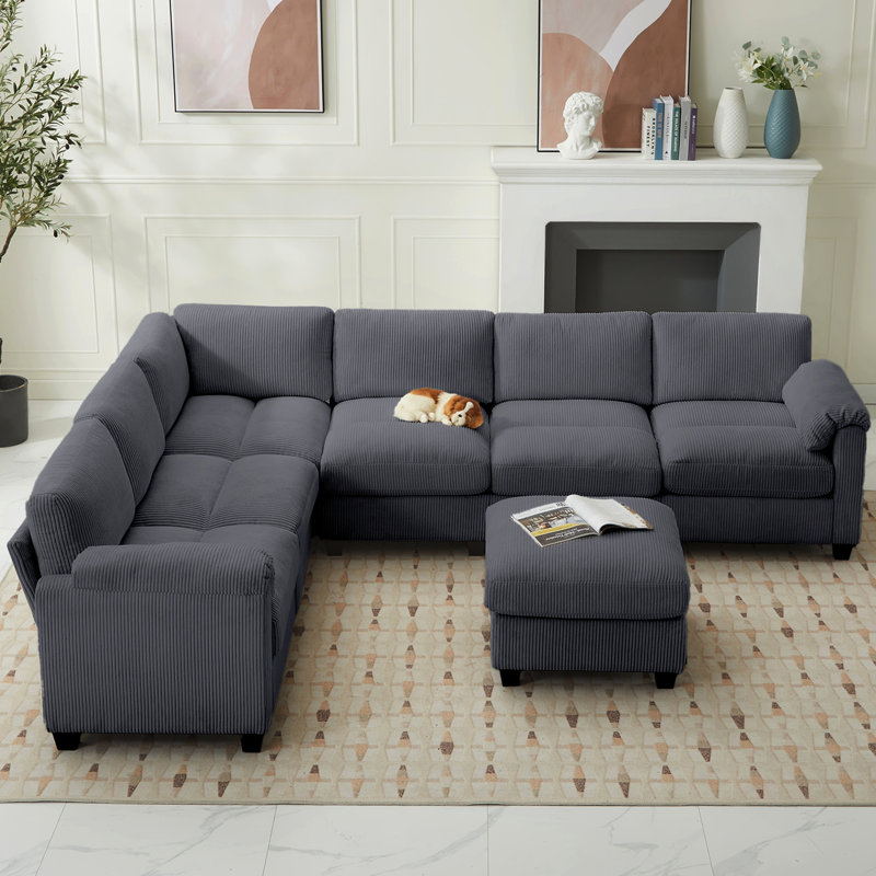 7-Piece Upholstered Corduroy Sectional, Dark Gray