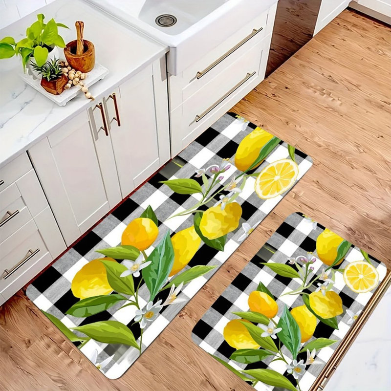Tapis de cuisine noir et blanc à motif de fleurs de citron et écossais, pour la cuisine et le vestibule