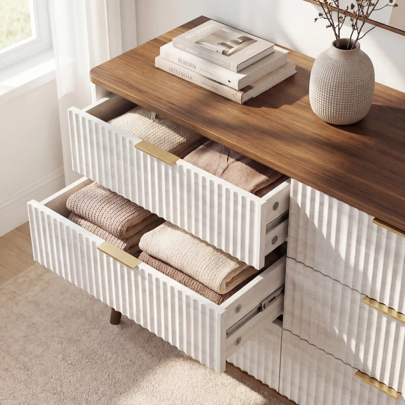  Commode cannelée Mid-Century à 6 tiroirs - blanc et noyer bicolore, l 47,2 po x P 15,7 po x H 33,5 po
