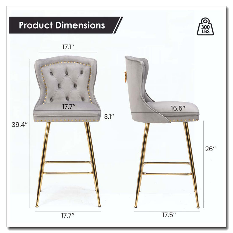 Tabourets de bar en velours à hauteur de comptoir avec pieds en métal, Gris