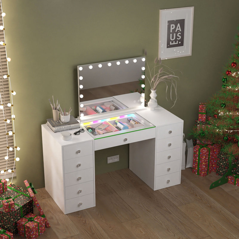 Bureau de coiffeuse avec miroir DEL, table de coiffeuse avec bande de lumières RVB, miroir de coiffeuse Hollywood avec 18 ampoules DEL et haut-parleurs Bluetooth, coiffeuse de maquillage de 51,2 po avec 11 tiroirs, luminosité réglable