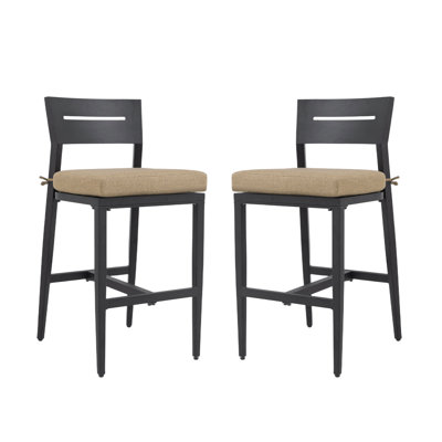 Tabourets de bar d'extérieur modernes de 2 pièces, chaise de bar de patio en aluminium avec dossier ergonomique, pieds fuselés, repose-pieds, noir Ember, coussin Sunbrella, résistant aux intempéries, pour jardin, bord de piscine et îlot de cuisine