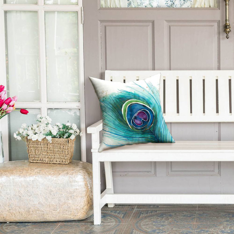Peacock Feather Closeup - Livingroom Bird – Outdoor Throw Pillow with Insert, Weather-Resistant, 18"