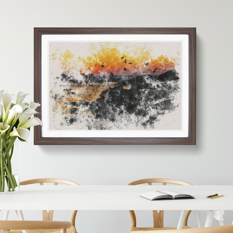 Sunset at the Beach in Spain - Picture Frame Painting, Walnut Framed, 36cm H x 48cm W x 2cm D