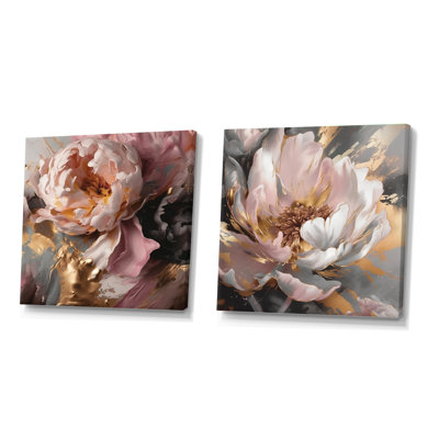 Marble Pink Gold Peony Flower - Floral Peony Square Collage Set Of 2