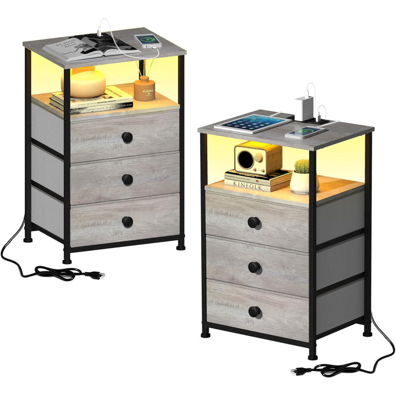 Nightstand With Charging Station, LED Light, Fabric Drawers, And Storage Shelf - Greige