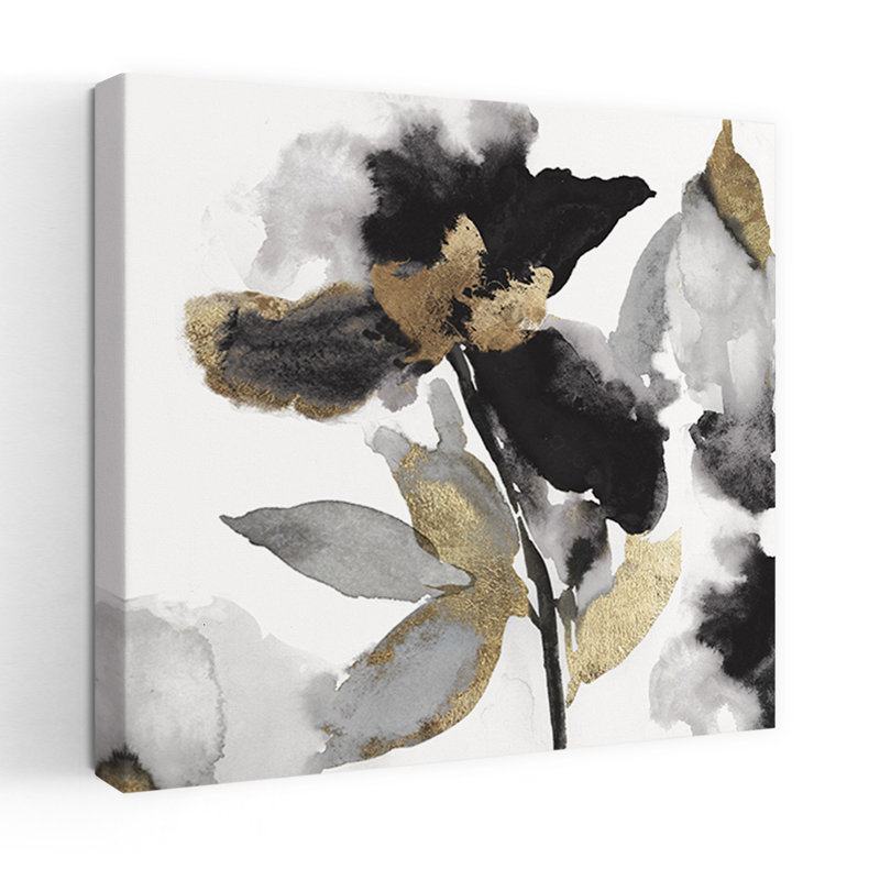 Black Petals Gold Leaves II Abstract Delicate Elegant Flower Art, 18" H x 18" W