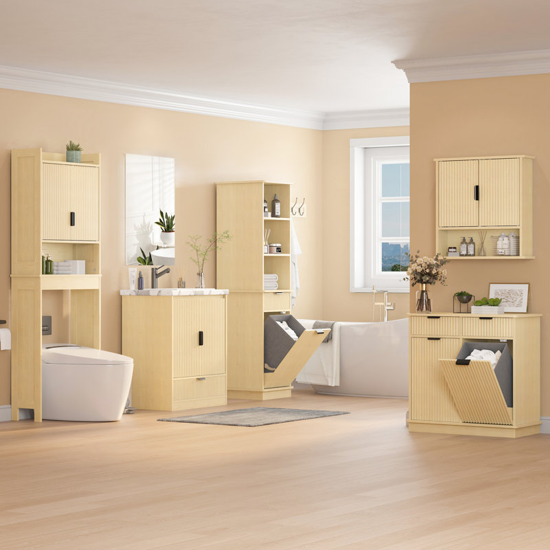 Étagère de rangement autoportante pour salle de bain avec tablette, Naturel