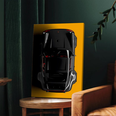 Affiche murale encadrée (1 pièce), toile de qualité supérieure représentant une voiture de sport noire vue de dessus, décoration automobile moderne pour salon, chambre ou bureau. Impression élégante sur fond jaune vif, pièce de décoration contemporaine pour la maison.