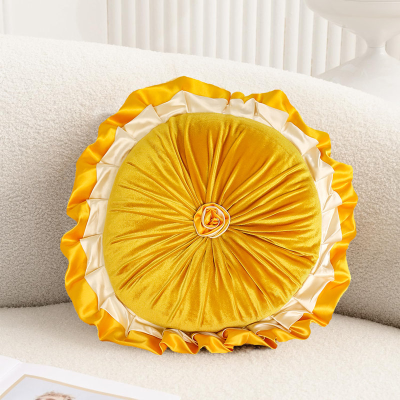 Ruffled Velvet Reversible Throw Pillow, Yellow, 14.9"H x 14.9"W