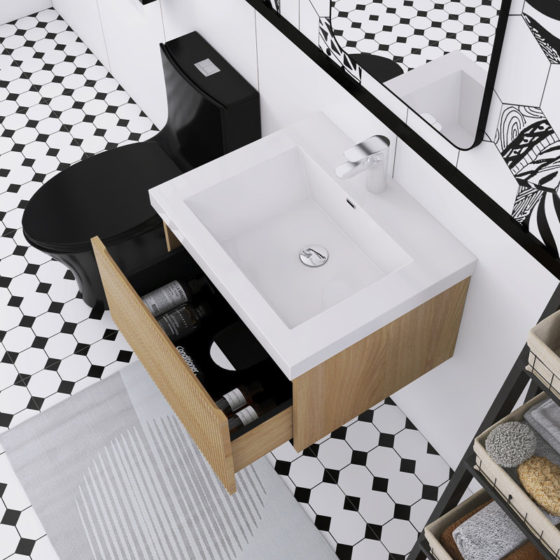 Meuble-lavabo mural en chêne naturel avec comptoir en résine de pierre et tiroirs à fermeture en douceur, Naturel, 24", Blanc