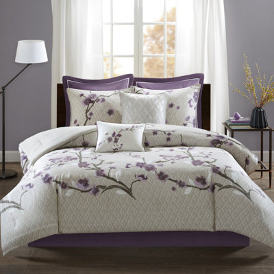 Édredon pour très grand lit en coton mauve / taupe à motif floral imprimé 2 taies décoratives européennes, coussins décoratifs, entretoise de rembourrage lavable à la machine 8 pièces