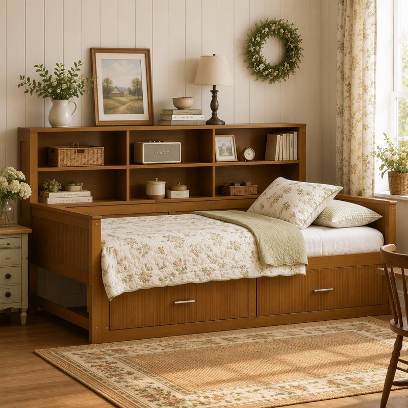Lit de jour simple en bois avec panneau cannelé, 6 tablettes de rangement, 2 tiroirs et station de charge, noyer
