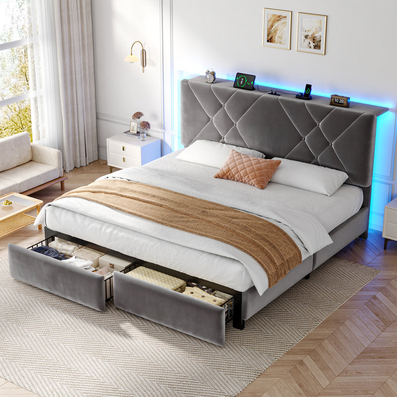 Structure de lit en velours pour grand lit avec tête de lit réglable et lumière DEL, cadre de lit plateforme avec 2 tiroirs de rangement et station de charge