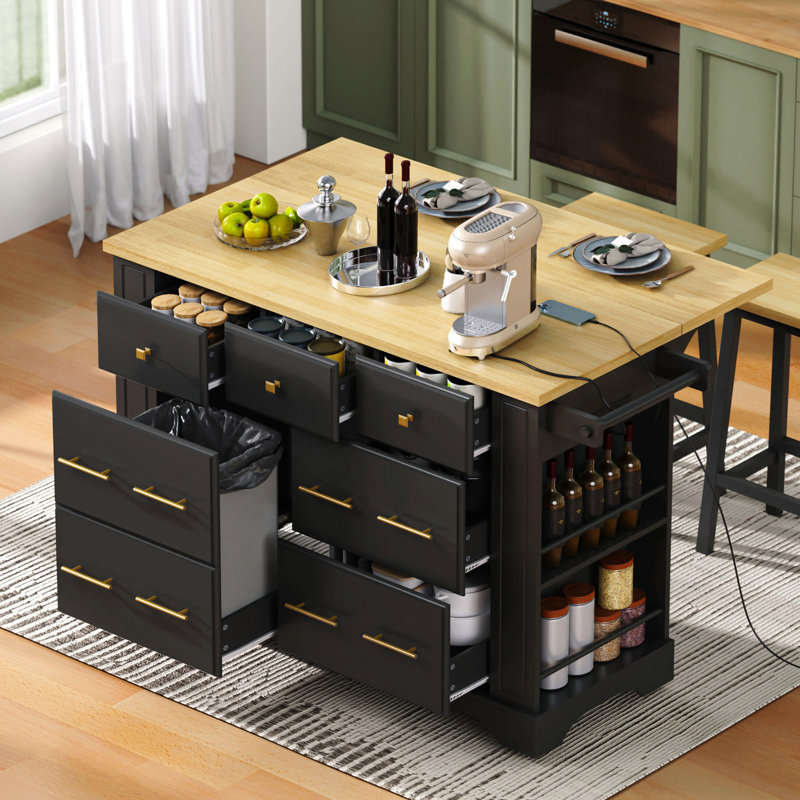 Kitchen Island With 6 Drawers, Pull Out Trash Can Storage, Rolling Kitchen Island On 5 Wheels With Drop Leaf, Power Outlet, 5 Open Side Racks