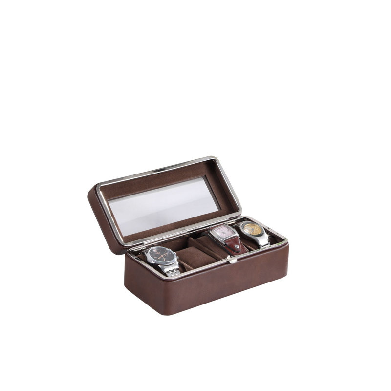 Vitrine pour montres 4 emplacements en verre trempé de 8 pouces et similicuir avec bordure chromée, marron