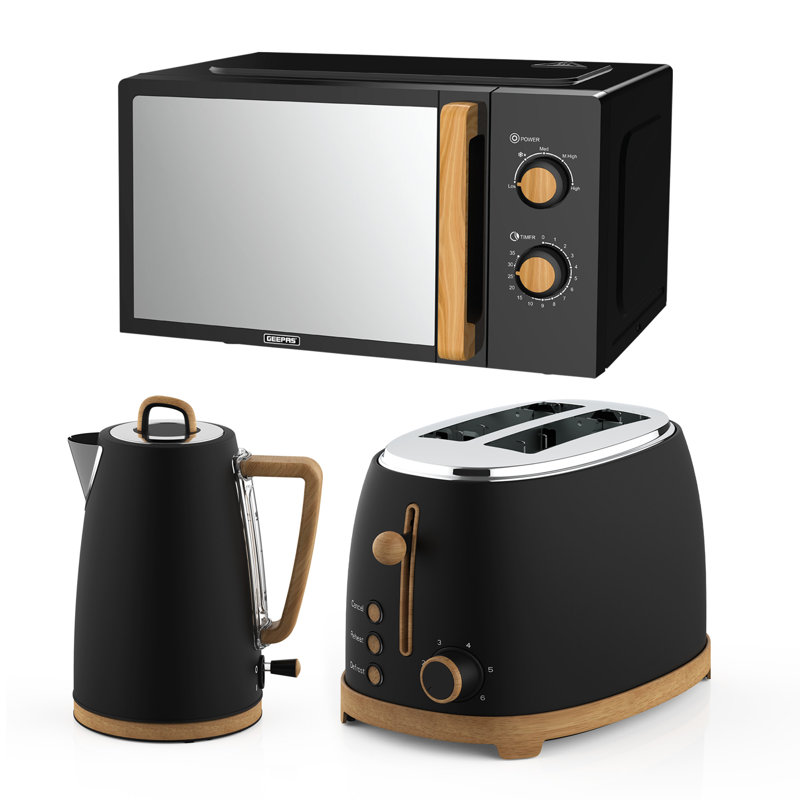 GEEPAS Nordiq 20L Microwave Oven 700W, 2 Slice Toaster & 1.7L Electric Kettle Combo Set | Matte Finish With Wood Accents | 850W Bread Toaster & 3000W Rapid Boil Cordless Jug Kettle