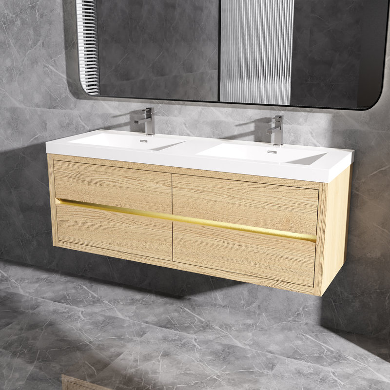 Meuble-lavabo mural flottant avec double surface de comptoir en blanc, 60", Brun