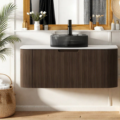 Meuble-lavabo moderne 36 po avec rangement mural, lavabo en verre, finition noyer