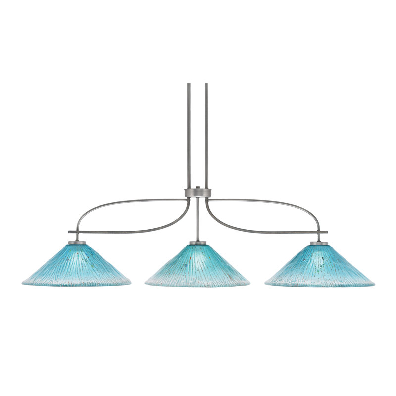 Monterey 3 Light Bar Shown In Graphite & Painted Distressed Wood-Look Metal Finish With 16" Teal Crystal Glass