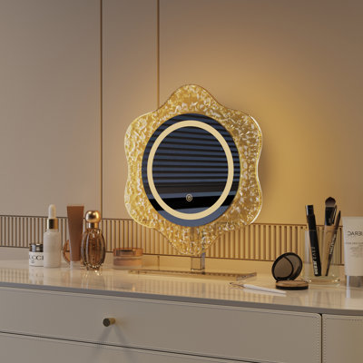 LED Lighted Vanity Mirror with 3 Color Temperatures (Cool/Natural/Warm), Touch Control Stepless Dimming, Eye-Caring Soft Light, Flower-Shaped Frame & Acrylic Base, HD Clear Mirror