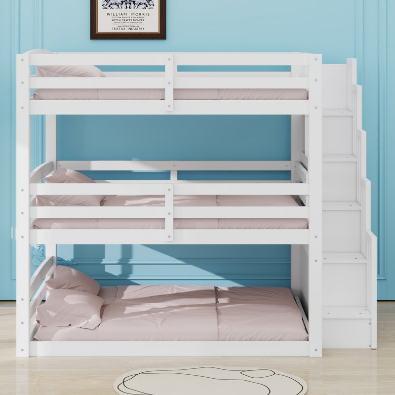 Lit superposé triple avec escalier de rangement, conception séparée, Blanc