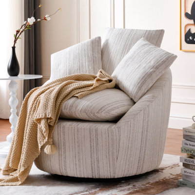 36"w Chenille Upholstered Round Accent Chair With 3 Throw Pillows