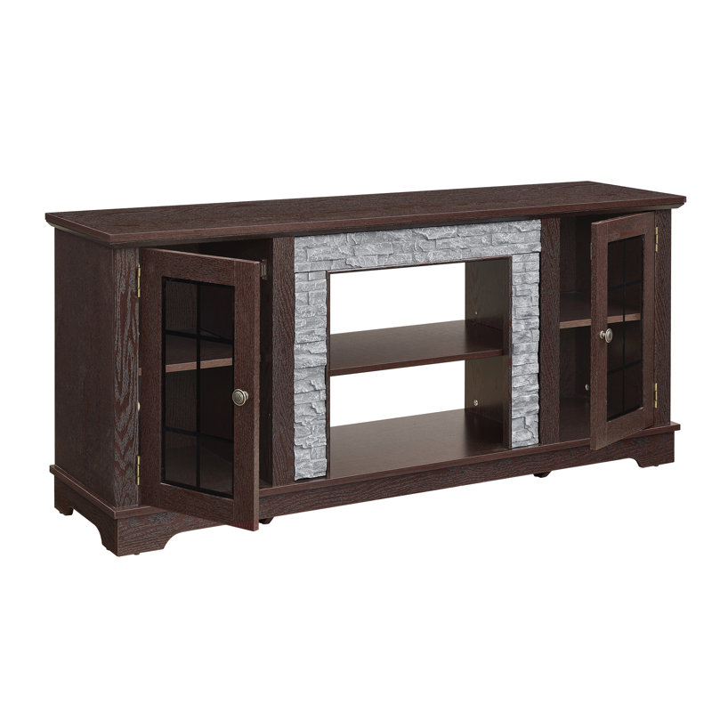 Meuble télé moderne avec rangement à 2 portes et foyer électrique de 18 po, console média en fausse pierre, grand centre de divertissement en cerisier pour le salon