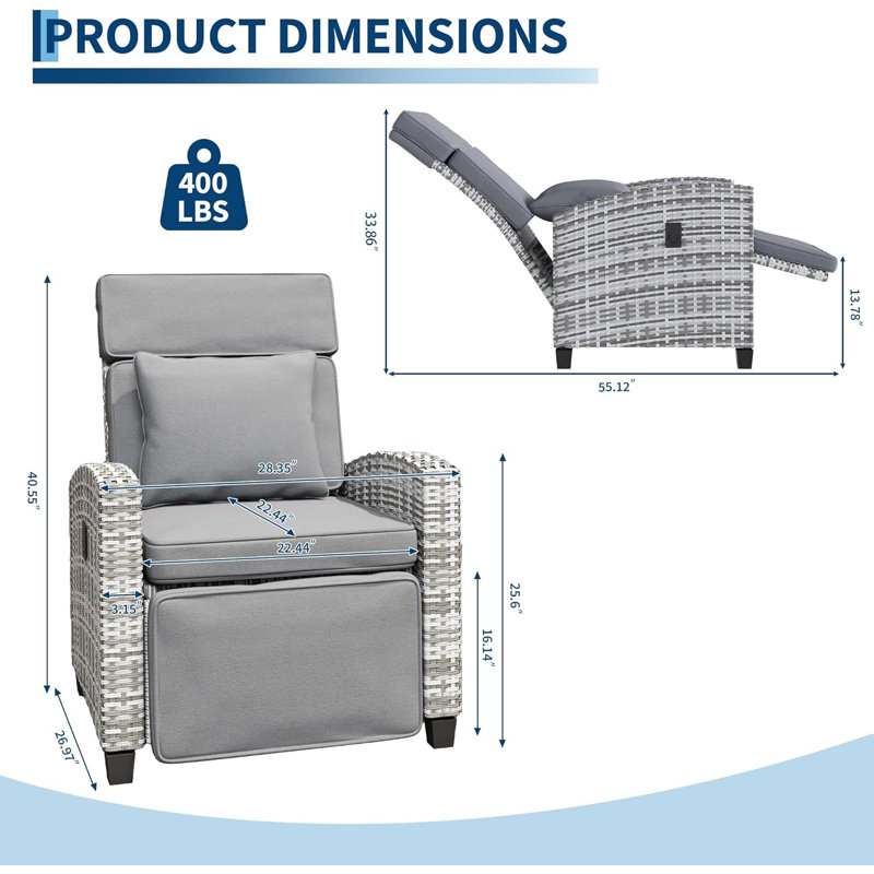 Fauteuil inclinable d'extérieur, chaises de patio inclinables avec dossier et repose-pieds réglables