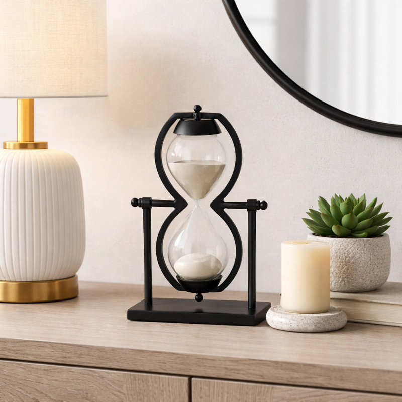 Decorative Metal and Glass Sandtimer Object for Home Decor - Contemporary Sculpture Accent for Office, Table or Living Room Decoration - Black