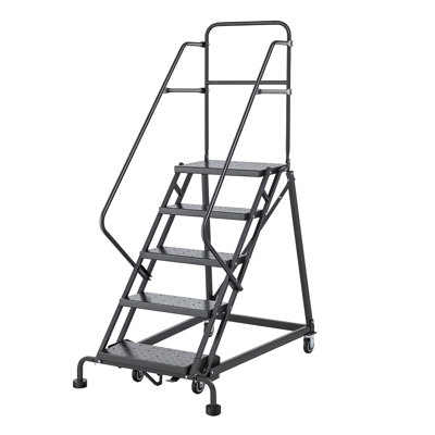 Échelle de rangement à 5 marches, escalier mobile en acier allié industriel, avec rampes, marches perforées antidérapantes et roues autobloquantes, échelle de plateforme robuste 450LBS pour bibliothèque de garage