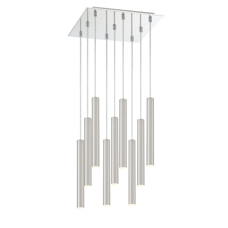Luminaire suspendu cylindrique à 9 lumières DEL Bowning, Nickel satiné