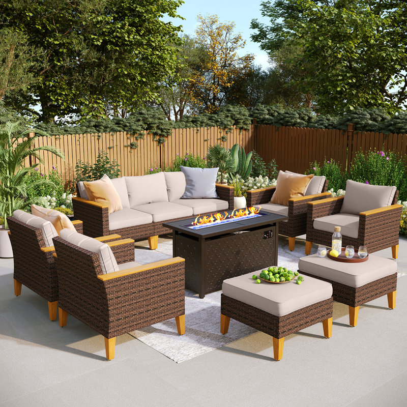 All Weather Wicker/Rattan 9 - Person Seating Group with Cushions, Yes, Beige