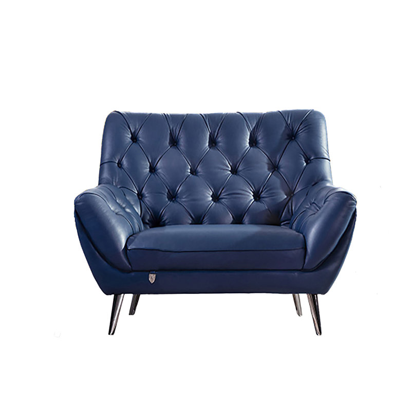 Fauteuil capitonné Bodell de 106,68 cm de large, Cuir véritable bleu marine