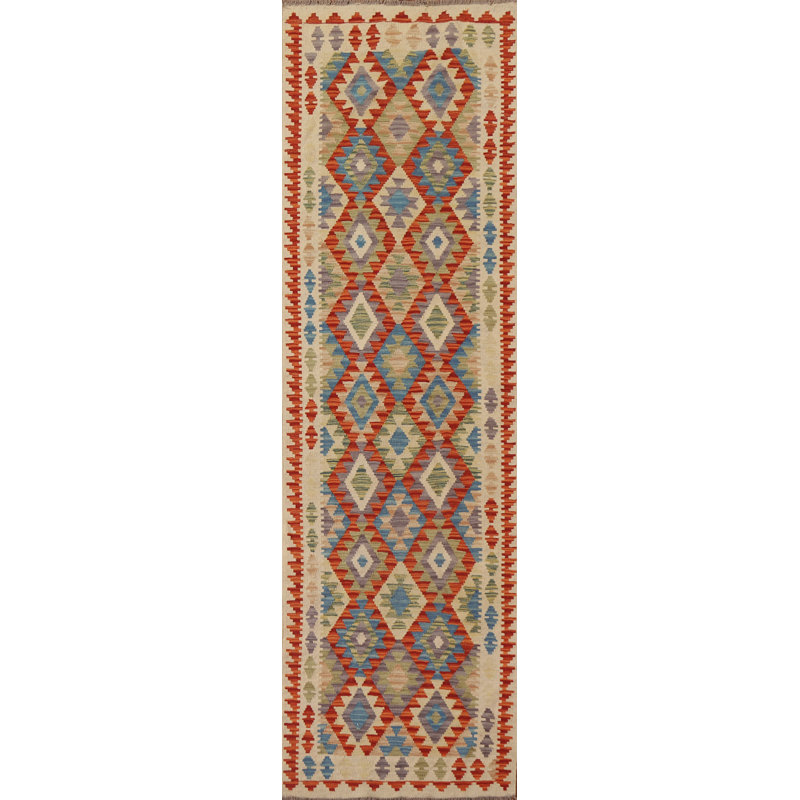Geometric Kilim Wool Runner Rug 3x10