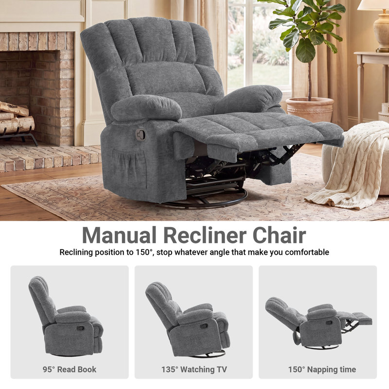Breasha 39.7" Wide Manual Upholstered Swivel Rocker Recliner, Light Gray Polyester