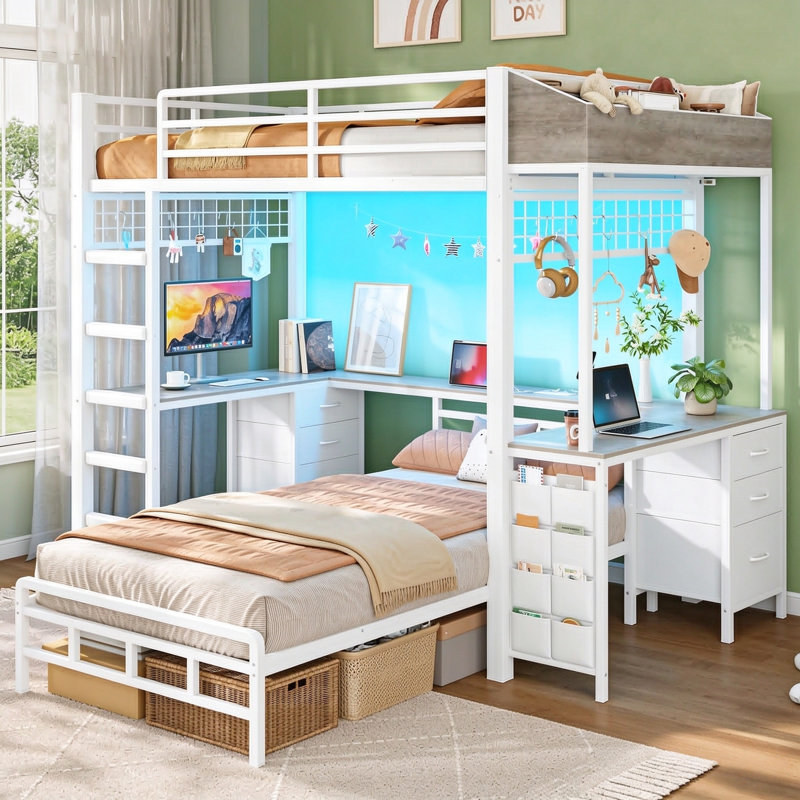 Lit superposé avec 2 bureaux, 6 tiroirs de rangement et 2 boîtes de rangement pour les jouets, petit lit capitaine en métal à DEL pour maximiser l'espace pour 2 enfants
